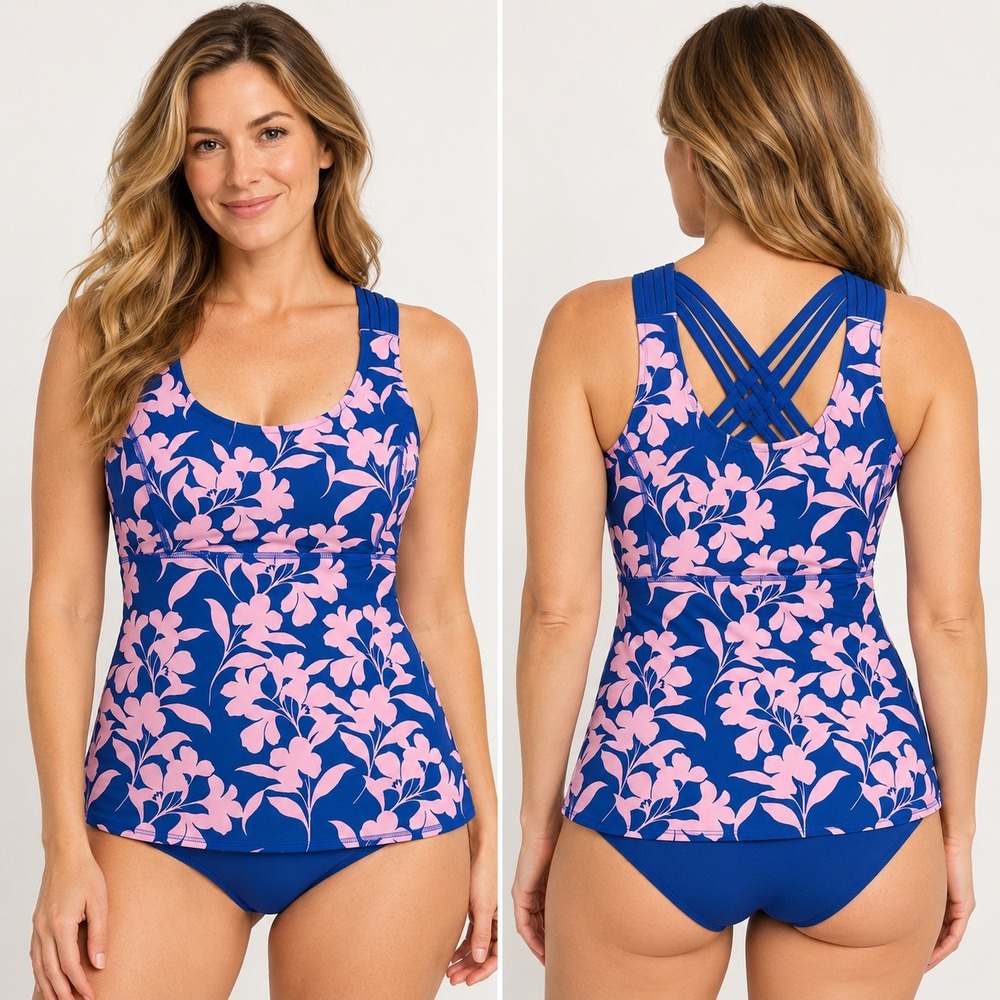 Boden Tank Top Womens 8 Blue Pink Floral Strappy Lattice Back Shelf Bra T1603